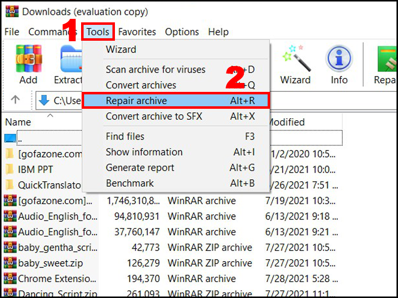 Chọn Tools và chọn Repair archive
